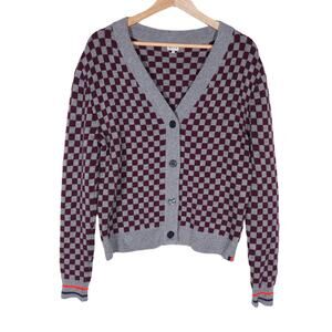 Kule Womens The Knite Cardigan Sweater XS Red Gray Check Button Up Wool Cashmere